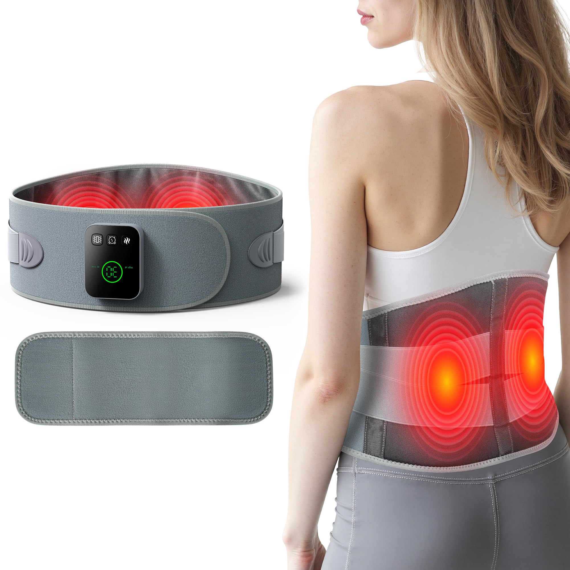 Purella cordless heating pad front view shows warm glow for targeted back relief.
