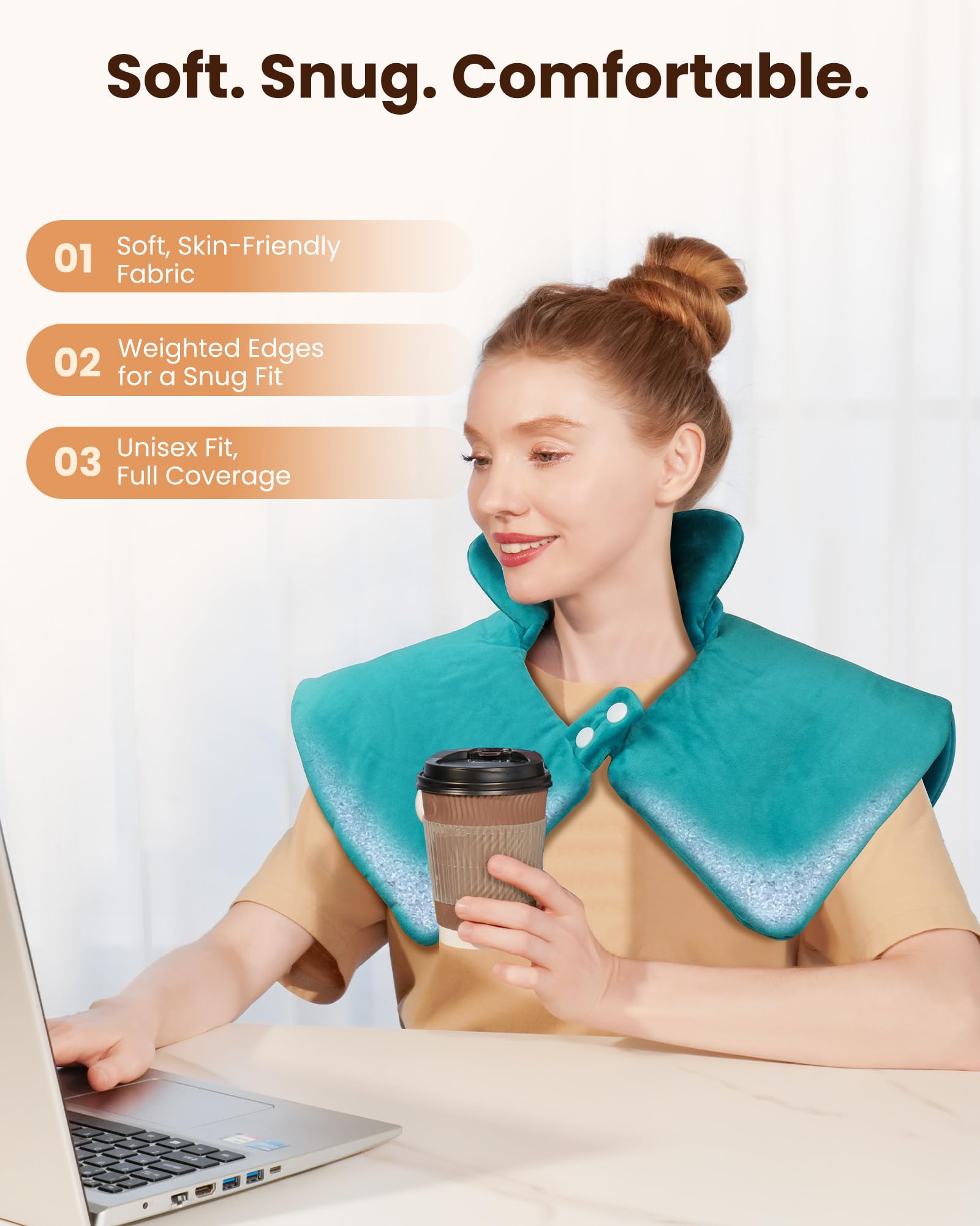 Machine washable Purella fabric keeps the heat wrap clean and ready.