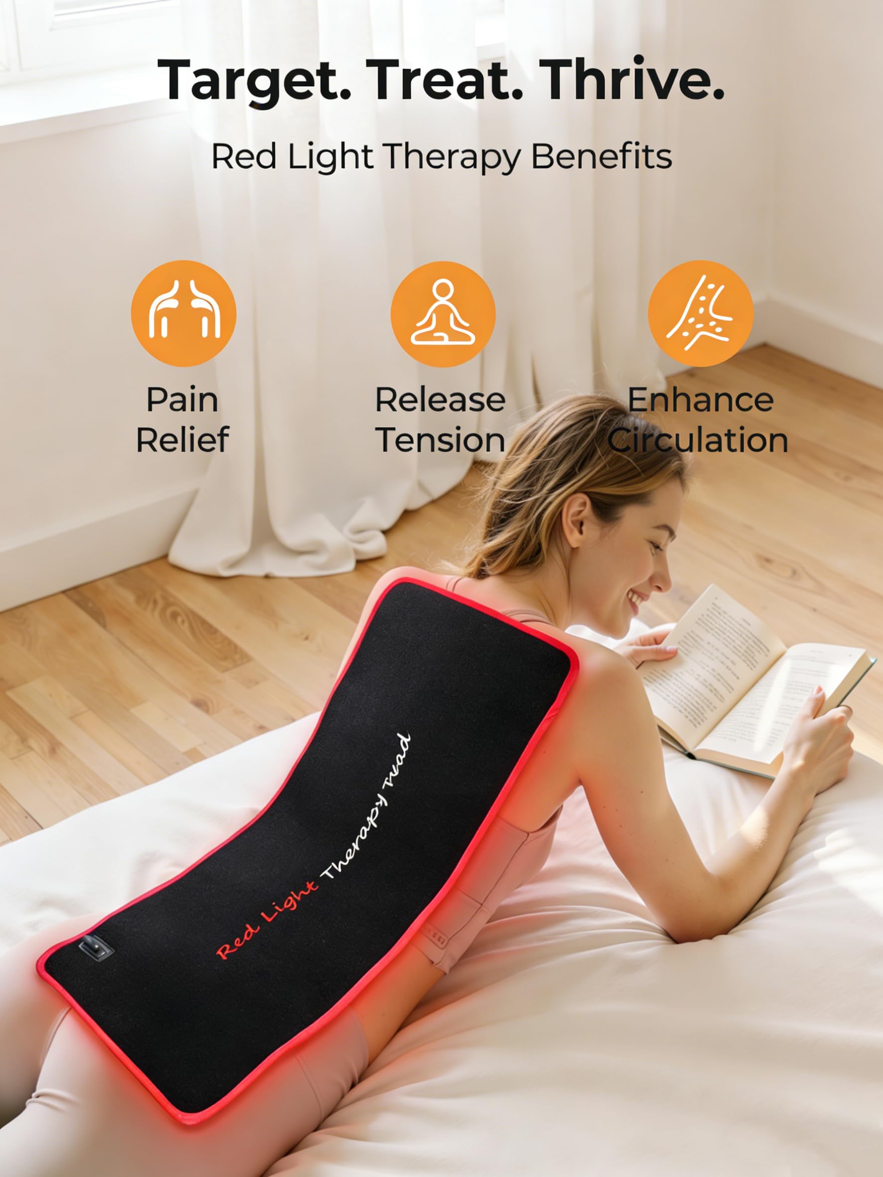 Purella Red Light Therapy Mat provides wide back coverage for sessions.