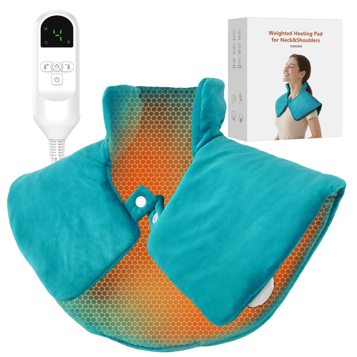 Purella weighted heating pad embraces neck and shoulders with soothing warmth.