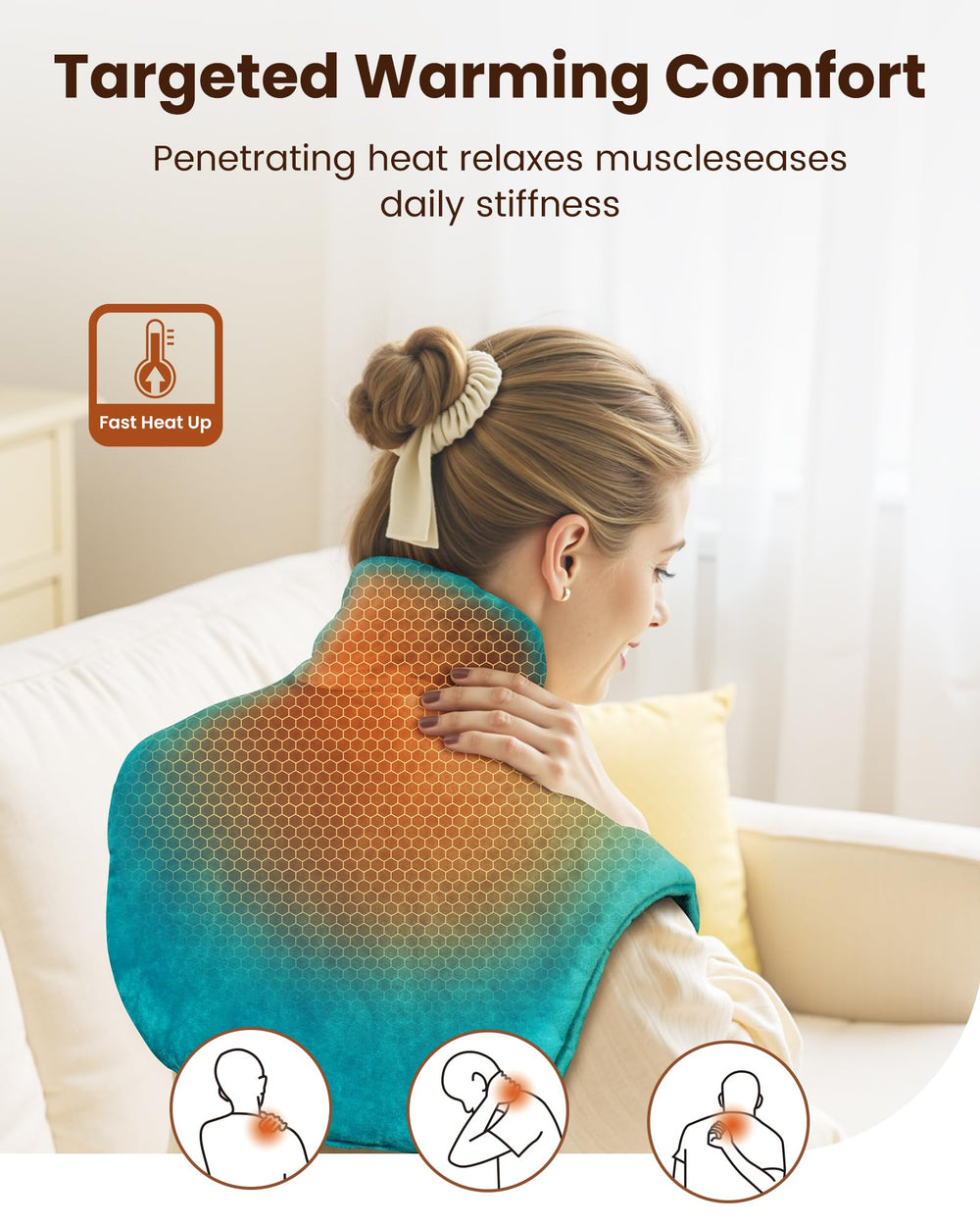 Purella weighted neck-shoulder heating pad in use on the body for relief.