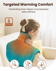 Purella weighted neck-shoulder heating pad in use on the body for relief.