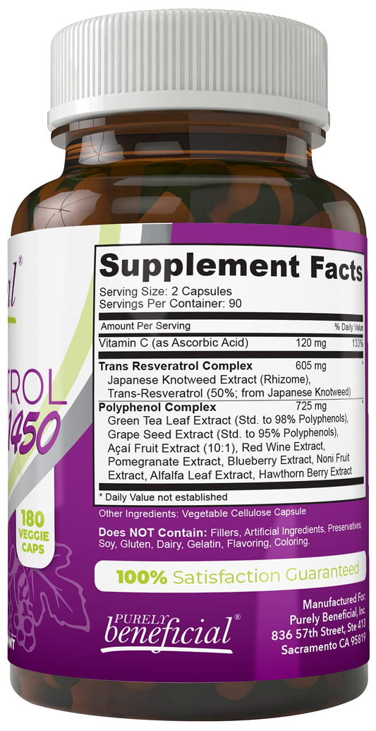PURELY beneficial RESVERATROL1450 etiqueta frontal: ingredientes y dosis