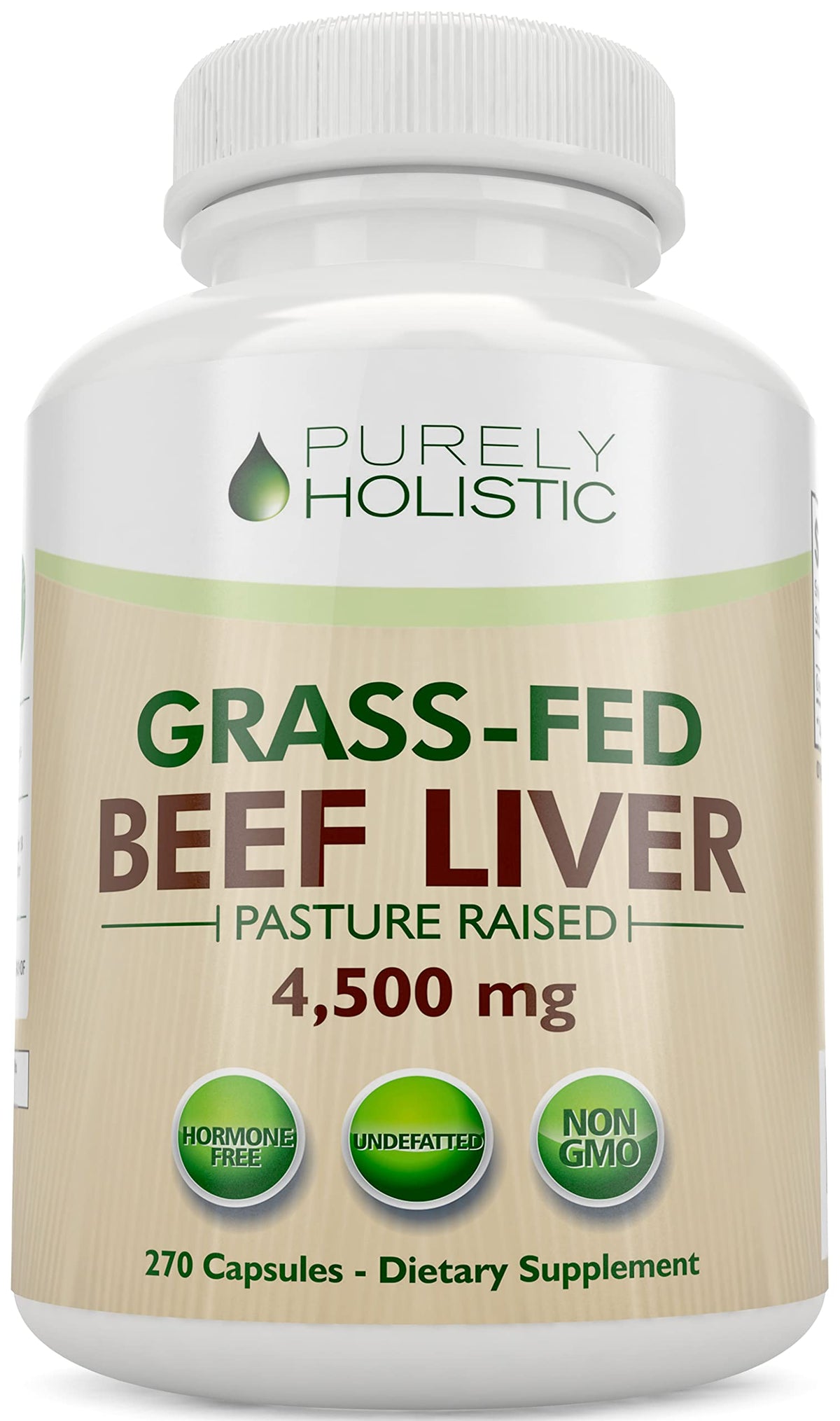 Purely Holistic grass-fed beef liver bottle front for daily nutrient support