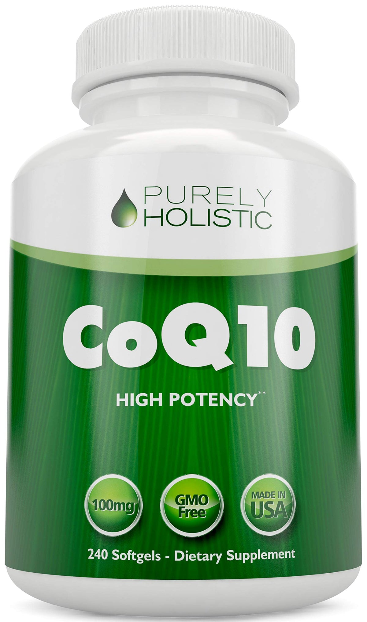 Purely Holistic CoQ10 100mg bottle for energy support.