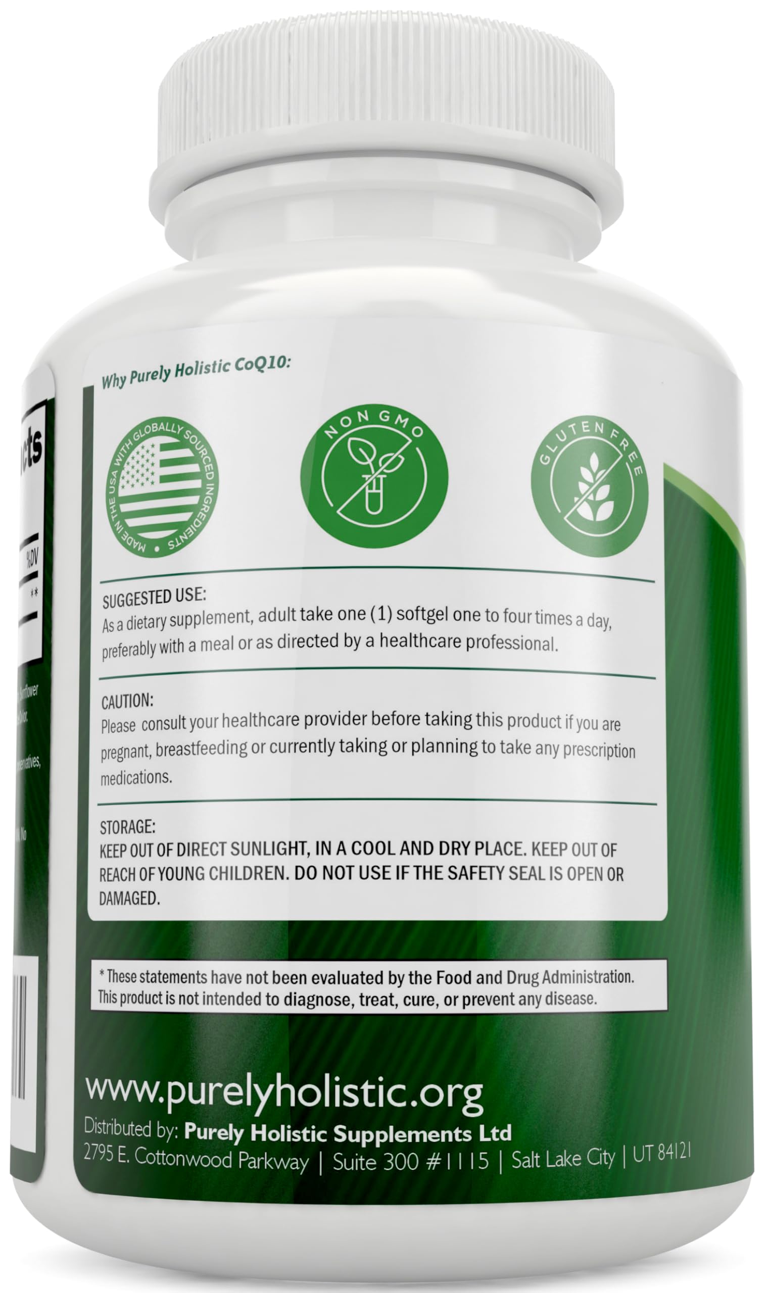 Purely Holistic CoQ10 non-GMO badge emphasizes clean ingredients.