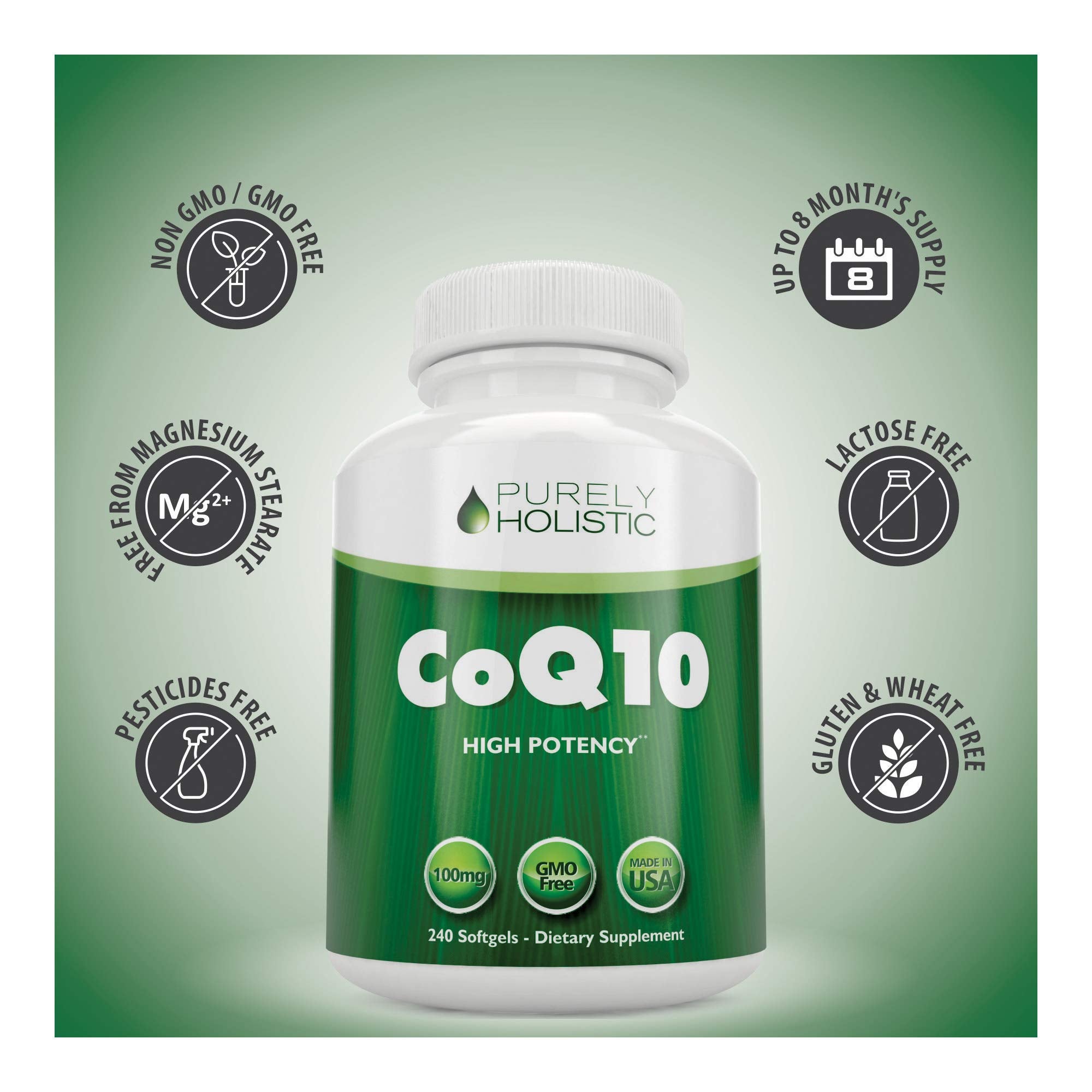 Purely Holistic CoQ10 USA-made label highlights domestic production.