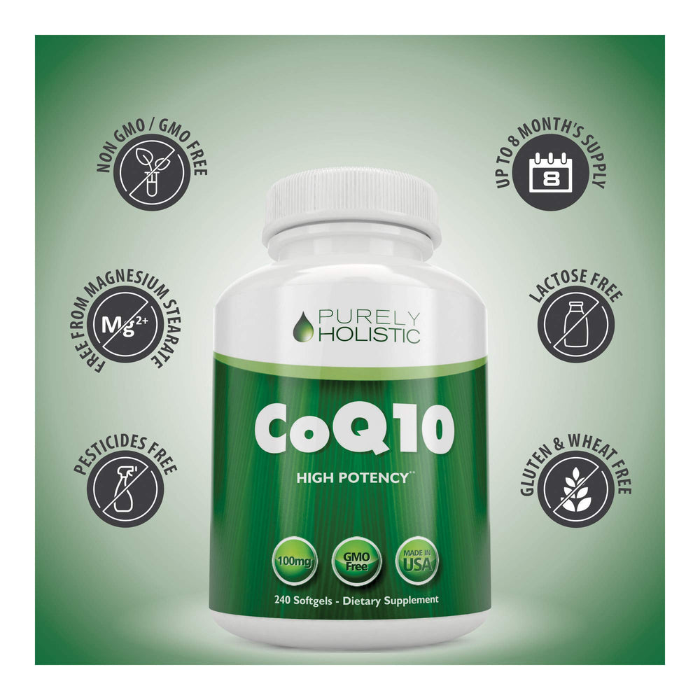 Purely Holistic CoQ10 USA-made label highlights domestic production.