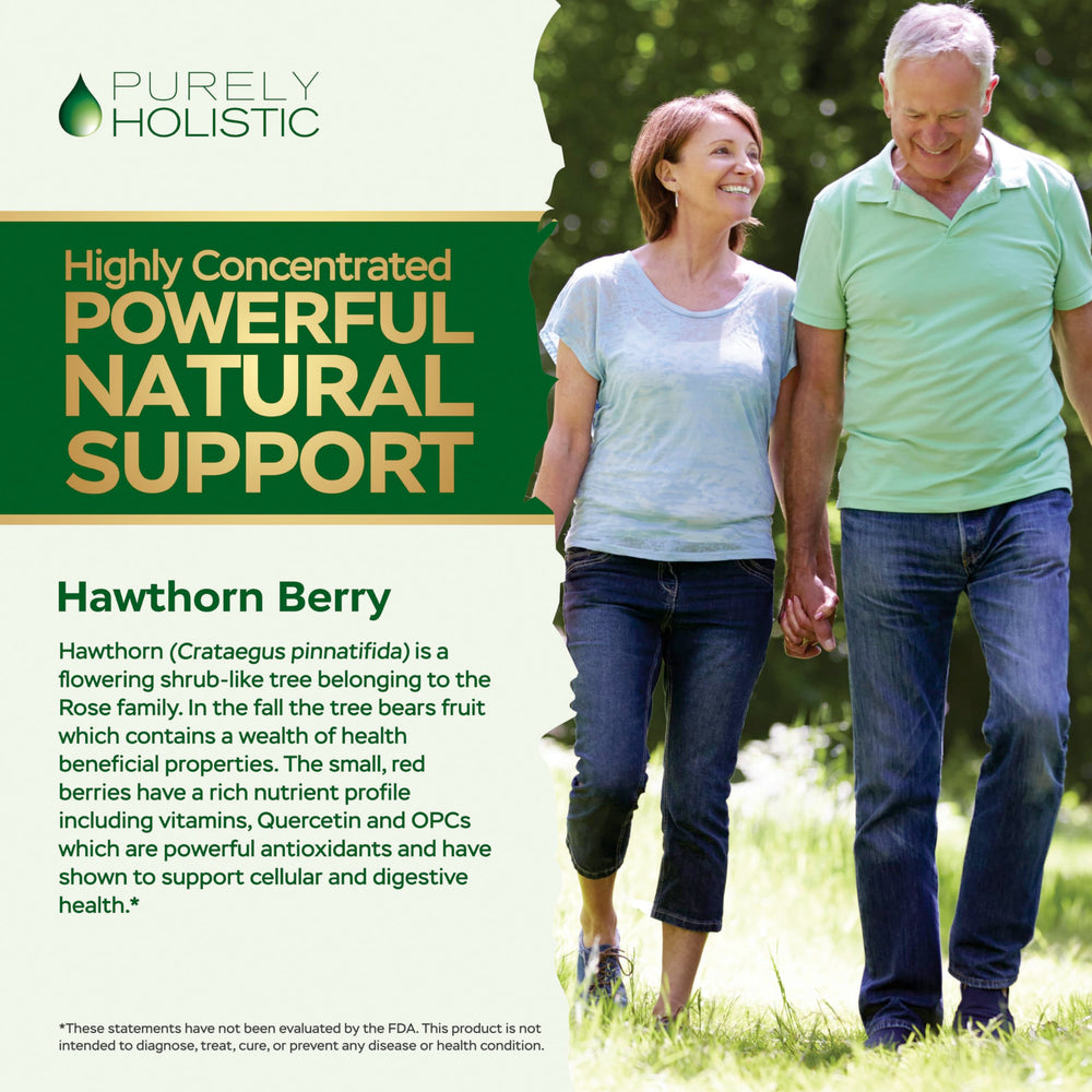 Purely Holistic Hawthorn Berry label close-up showing clean, non-GMO ingredients.