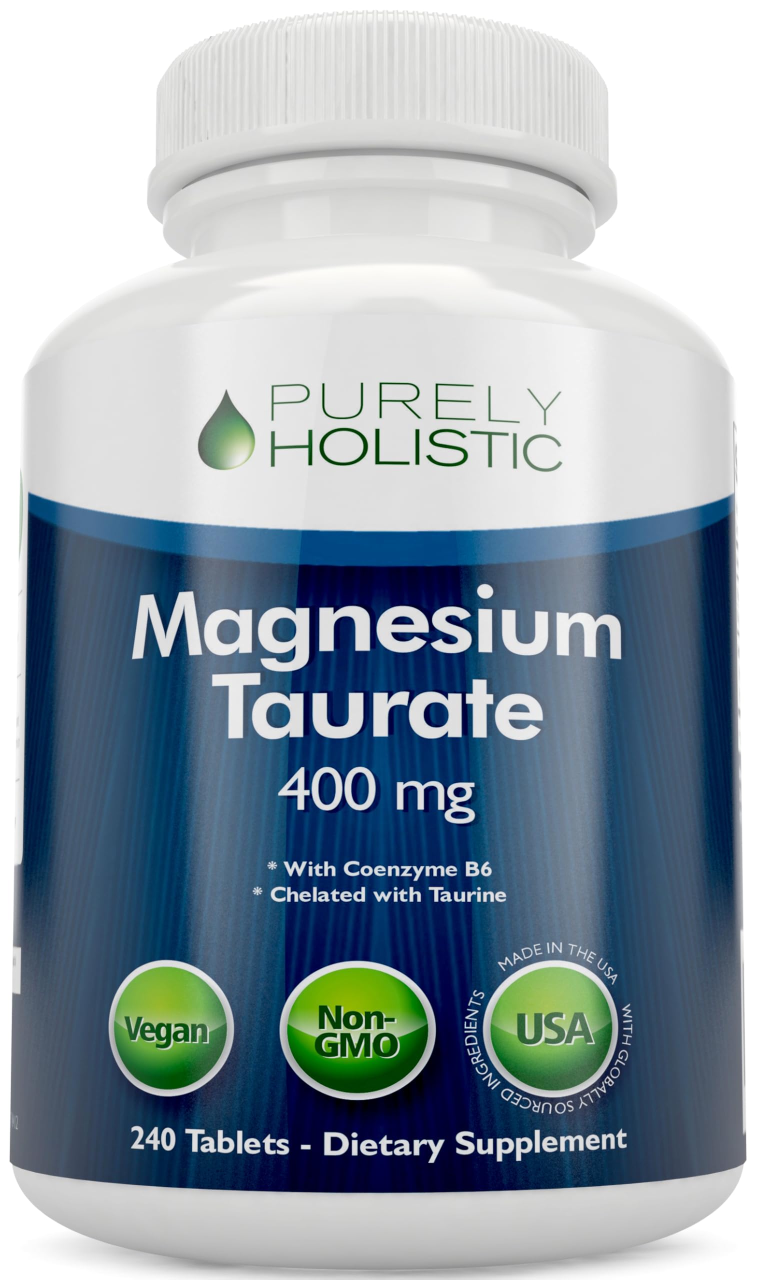 Purely Holistic Magnesium Taurate 400mg bottle on desk, supports daily energy and muscle function.