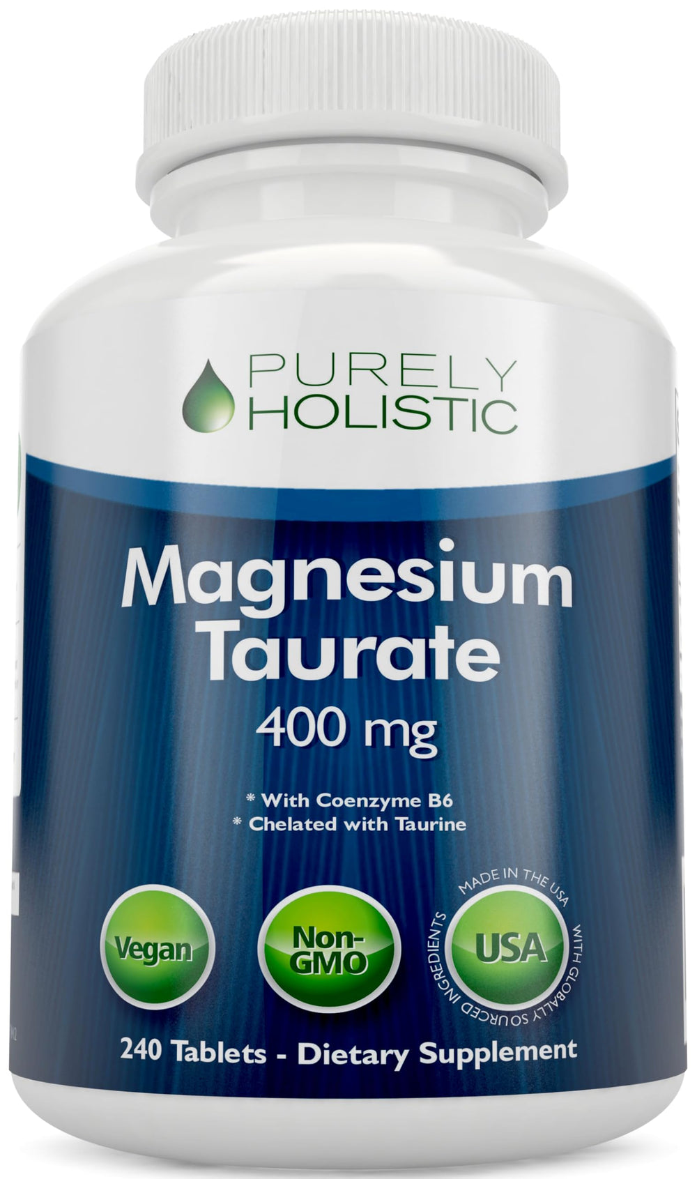 Purely Holistic Magnesium Taurate 400mg bottle on desk, supports daily energy and muscle function.