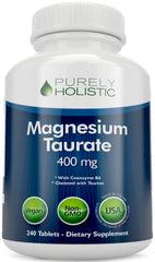 Purely Holistic Magnesium Taurate 400mg bottle on desk, supports daily energy and muscle function.
