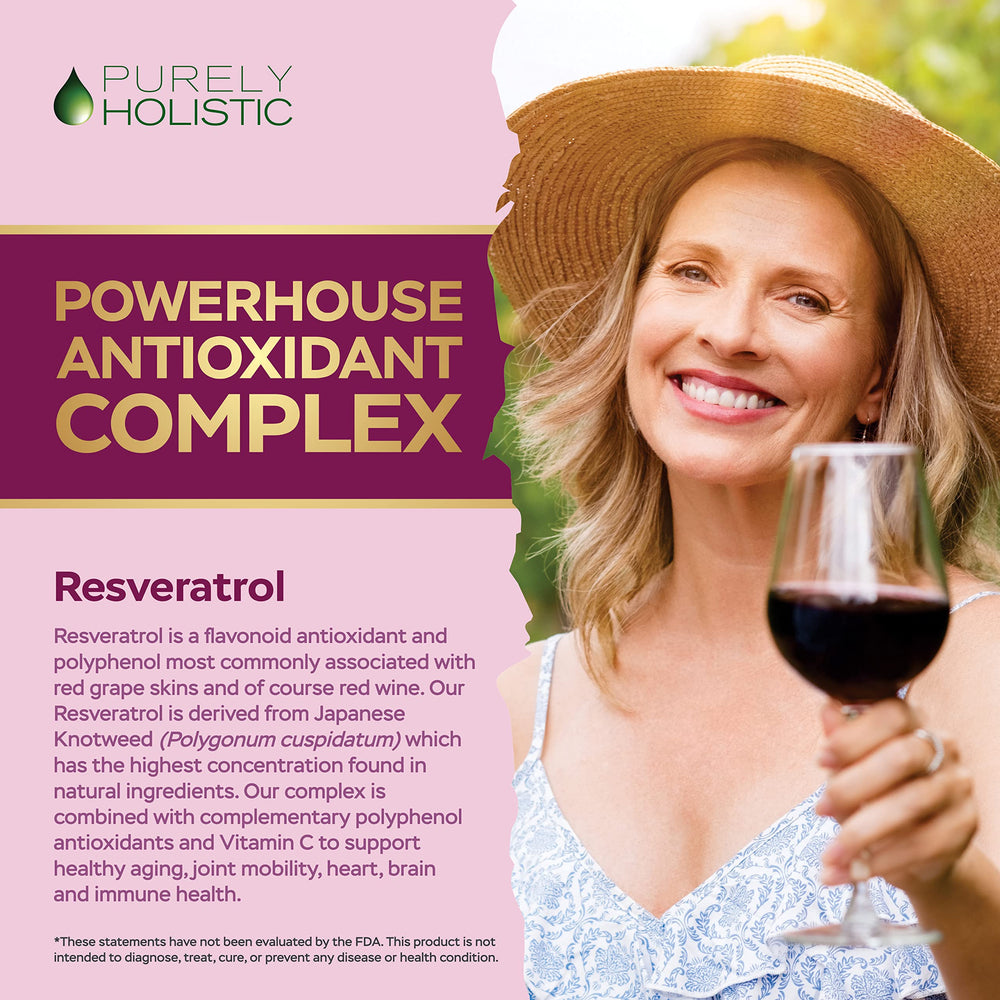 Purely Holistic Resveratrol supplement label highlights resveratrol and polyphenols.