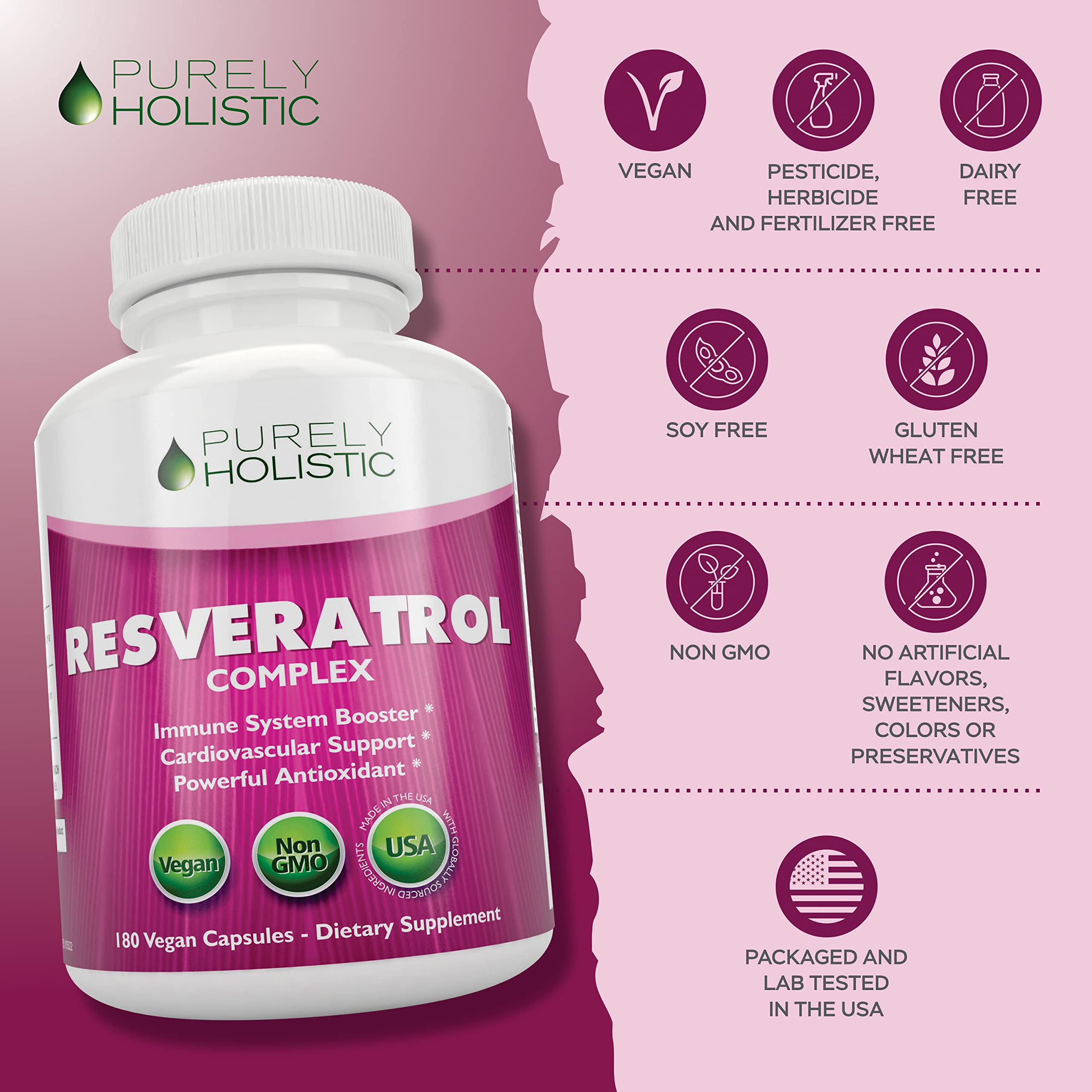 Purely Holistic Resveratrol vegan capsules indicating GMO-free and allergen-free formula.