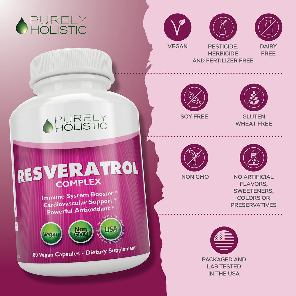 Purely Holistic Resveratrol vegan capsules indicating GMO-free and allergen-free formula.