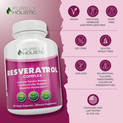 Purely Holistic Resveratrol vegan capsules indicating GMO-free and allergen-free formula.