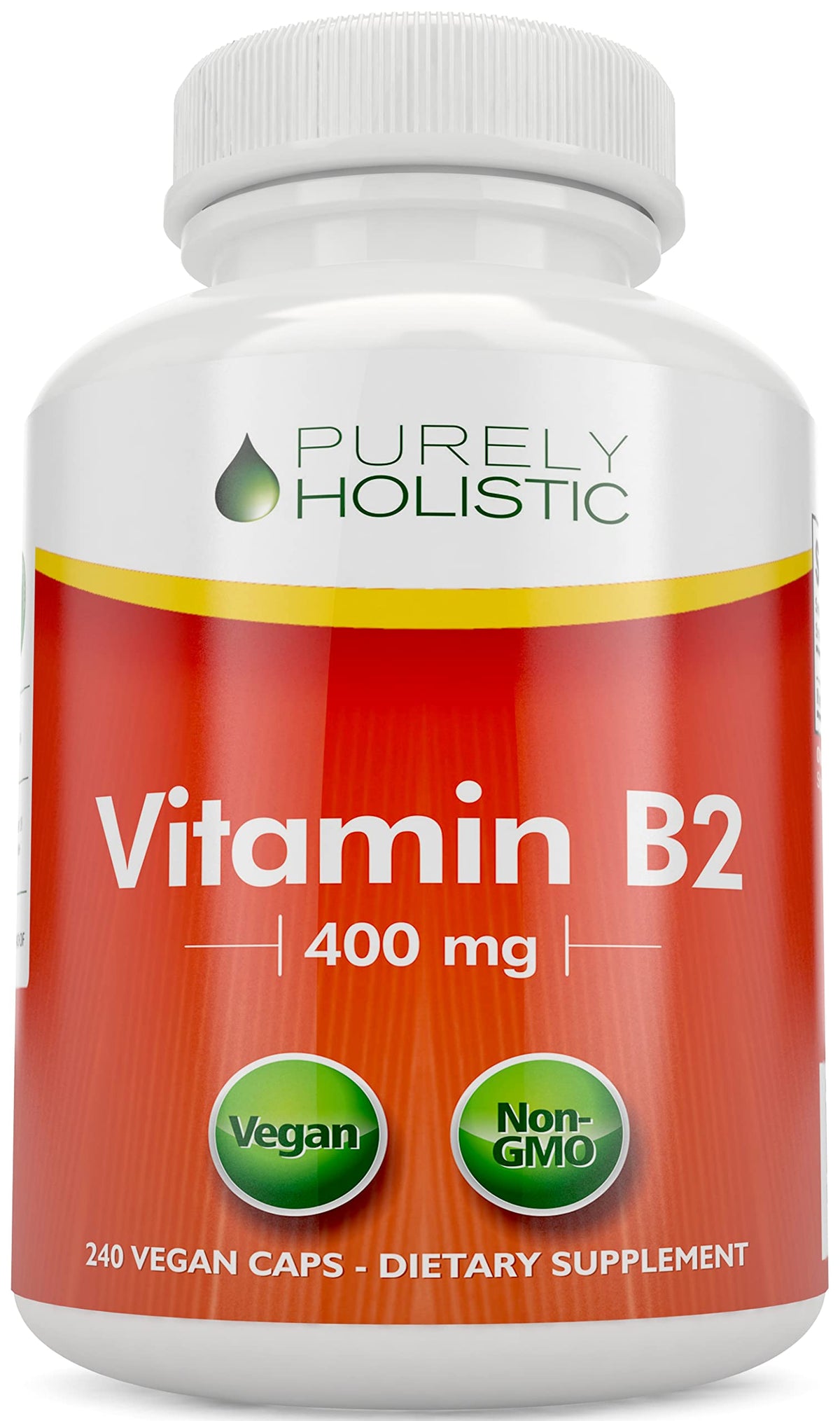 Purely Holistic Vitamin B2 400mg bottle front showing high-strength riboflavin for energy support