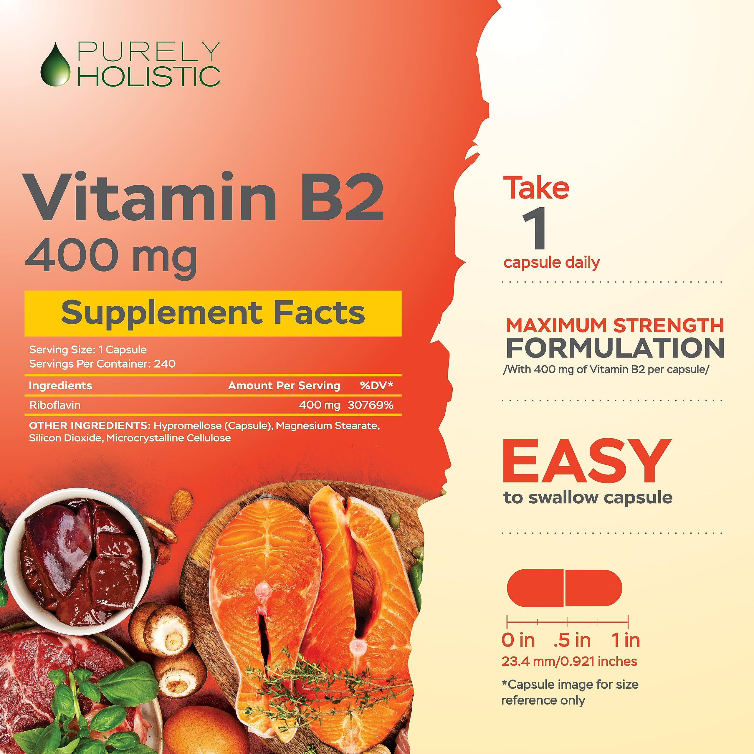 Purely Holistic Vitamin B2 bottle with count showing 240 capsules for eight months