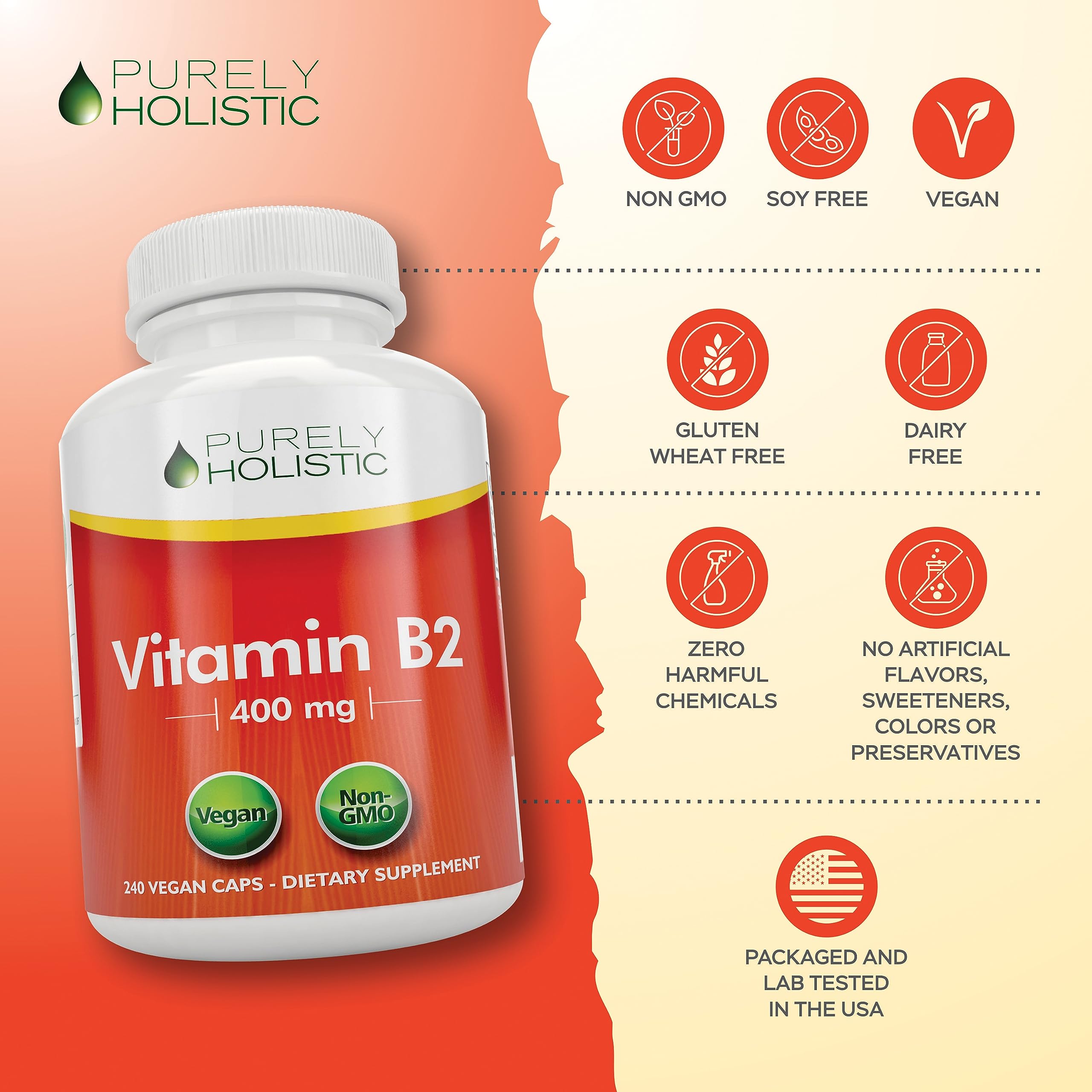 Purely Holistic Vitamin B2 packaging display focusing on purity standards