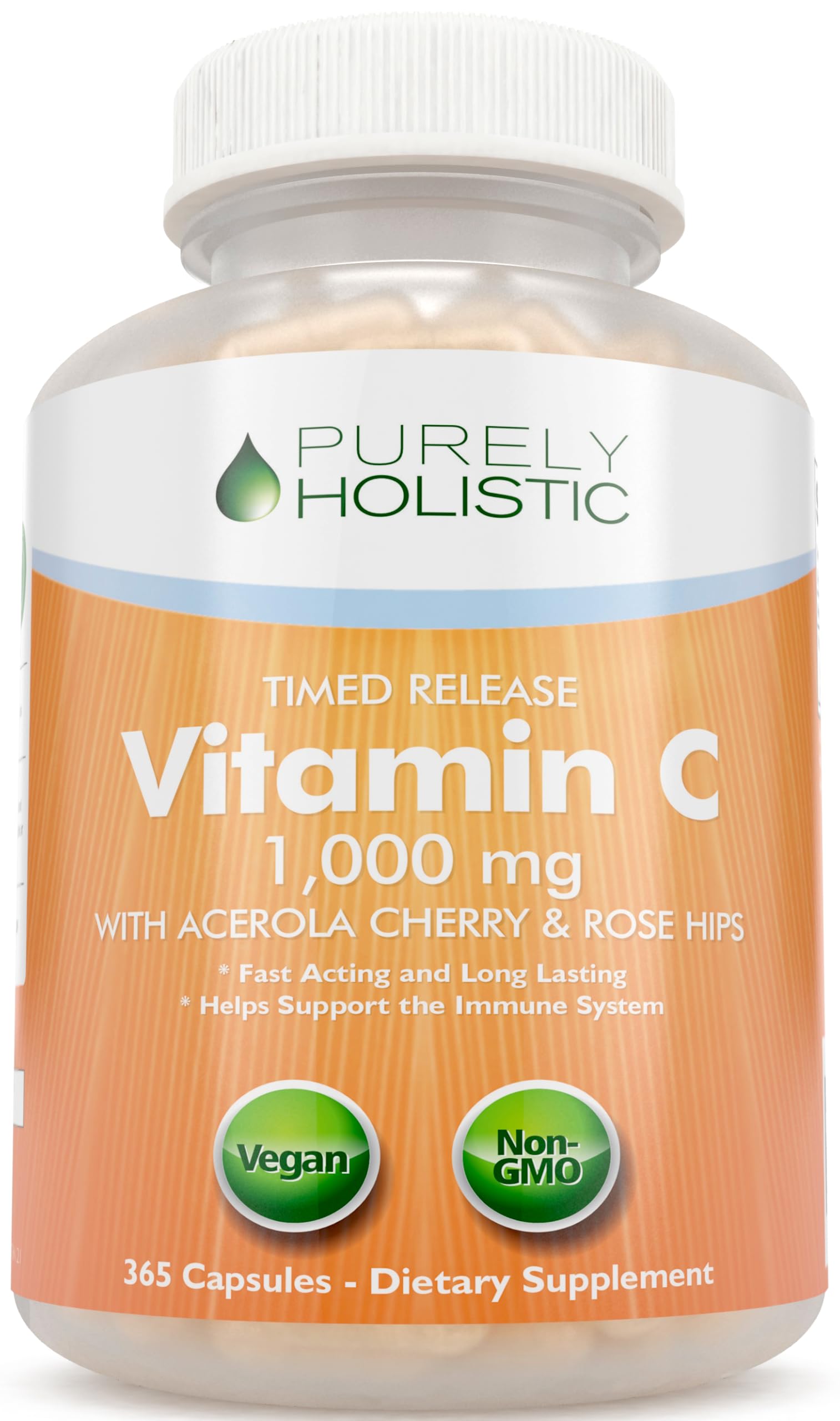 Purely Holistic Vitamin C bottle label highlighting 365 vegan capsules for a full year