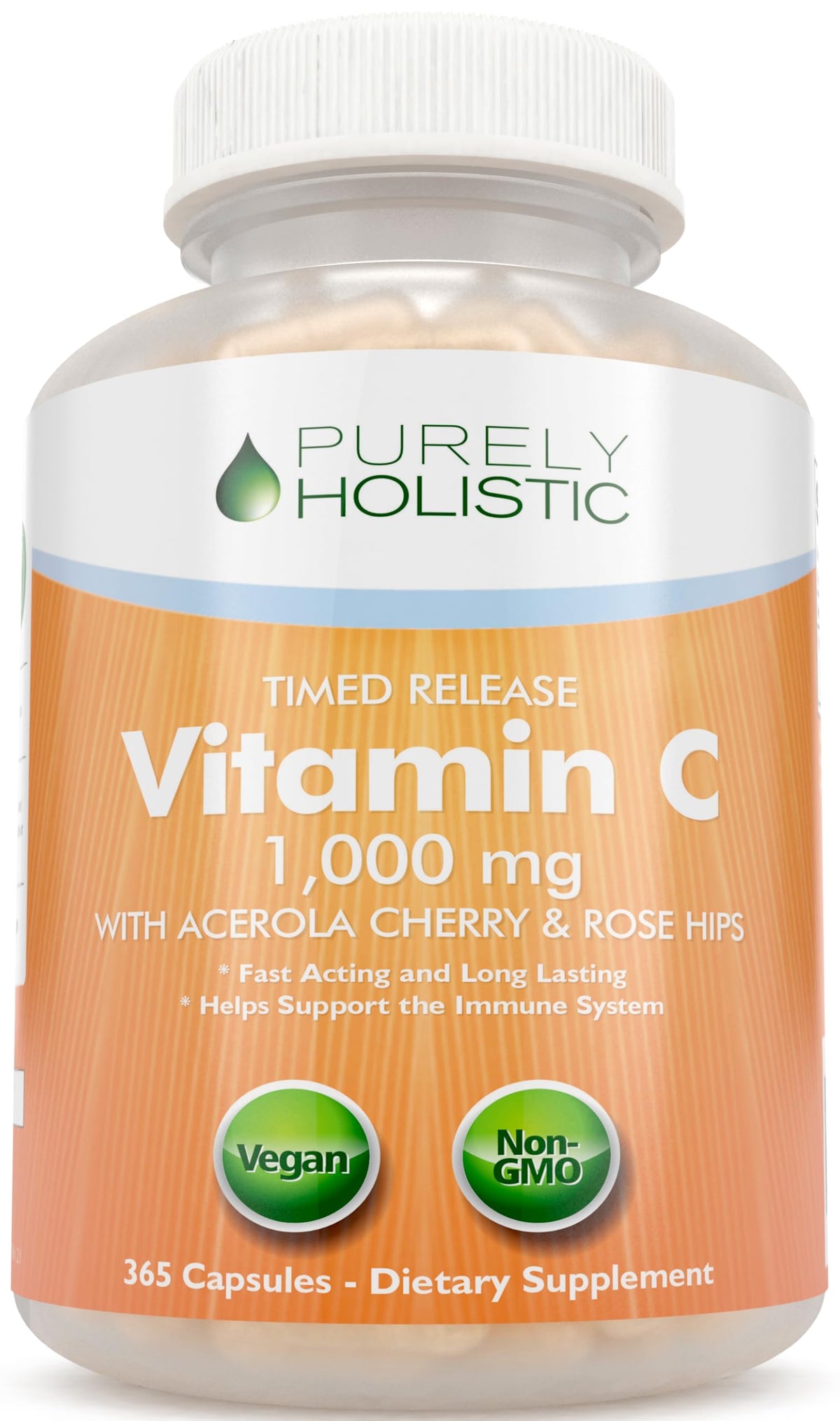 Purely Holistic Vitamin C bottle label highlighting 365 vegan capsules for a full year
