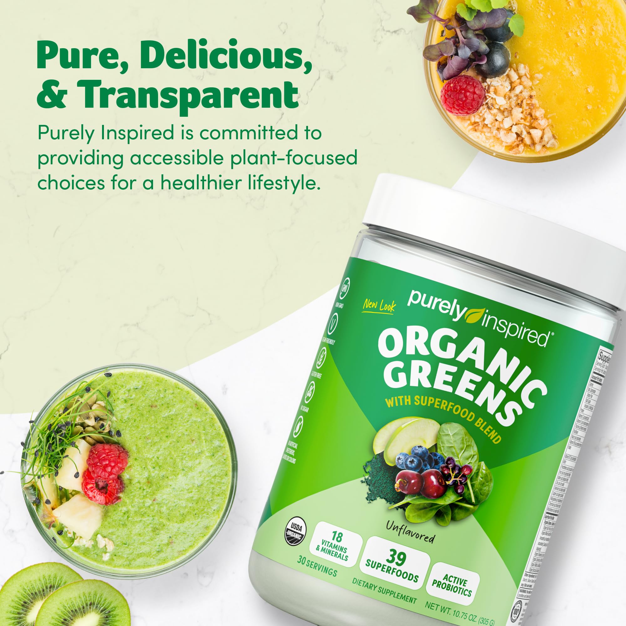 Spoon dispensing Purely Inspired Organic Greens powder for quick nutrient boosts