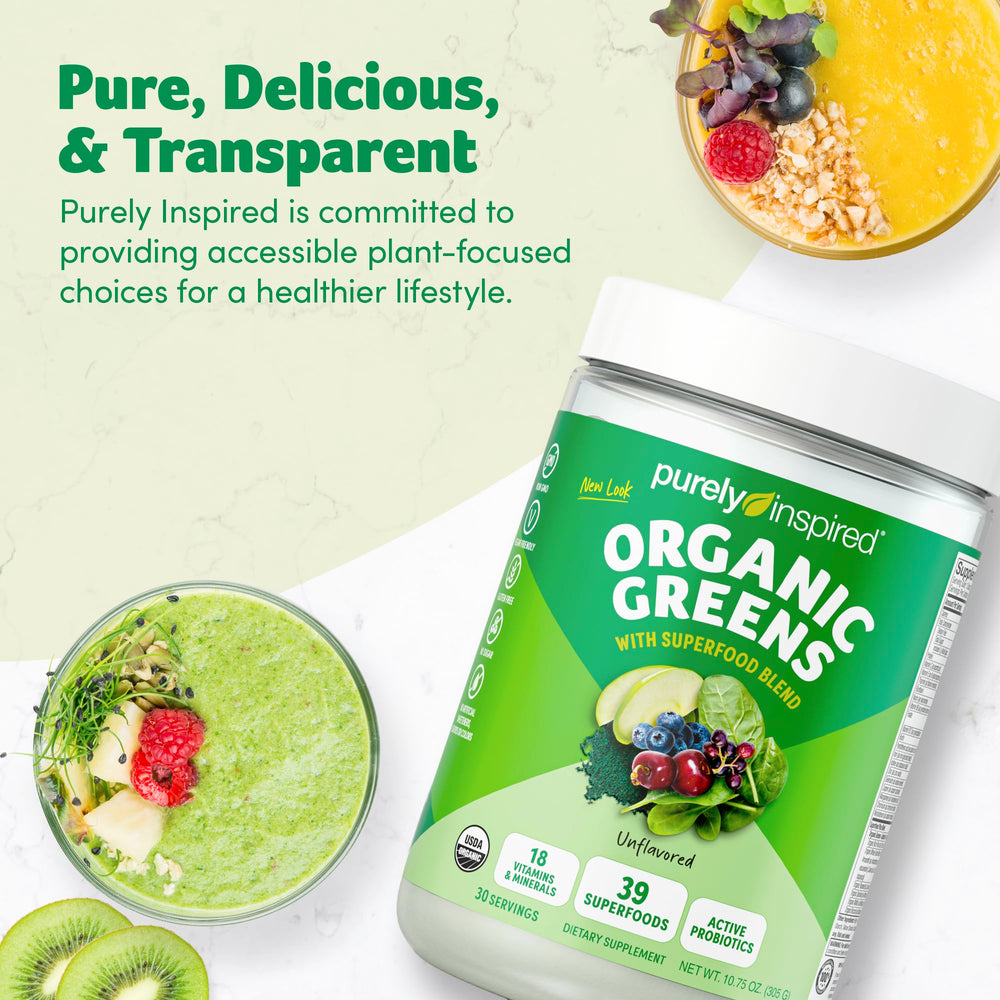 Spoon dispensing Purely Inspired Organic Greens powder for quick nutrient boosts