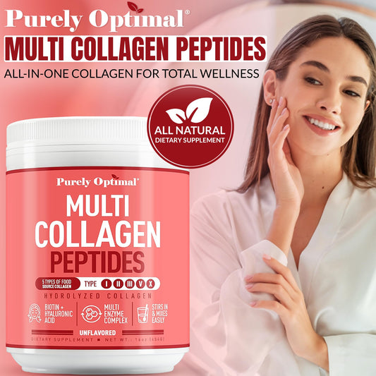 Purely Optimal collagen label close-up shows purity and multi-type blend for skin and hair support.