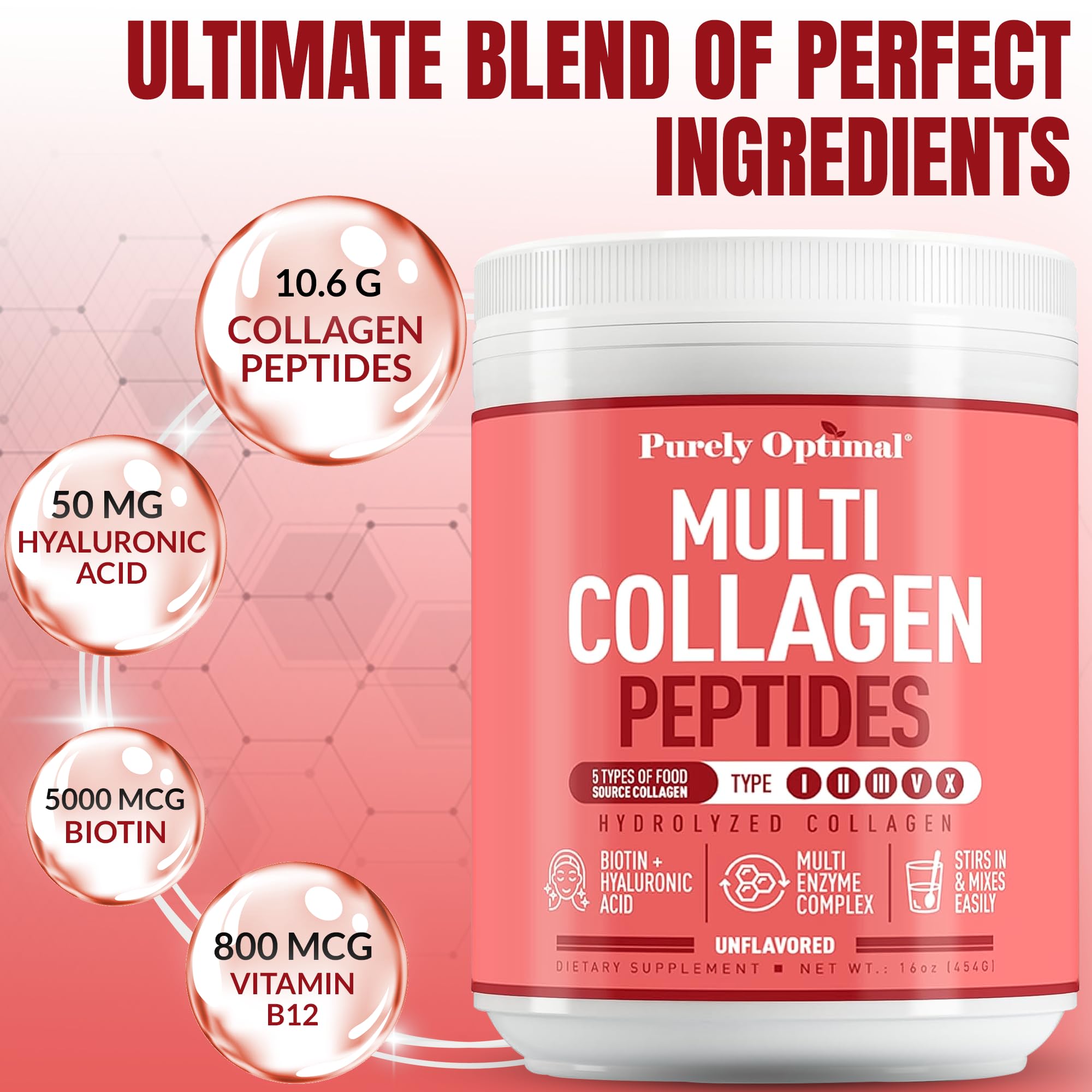 Scoop of Purely Optimal collagen powder ready to mix into water.
