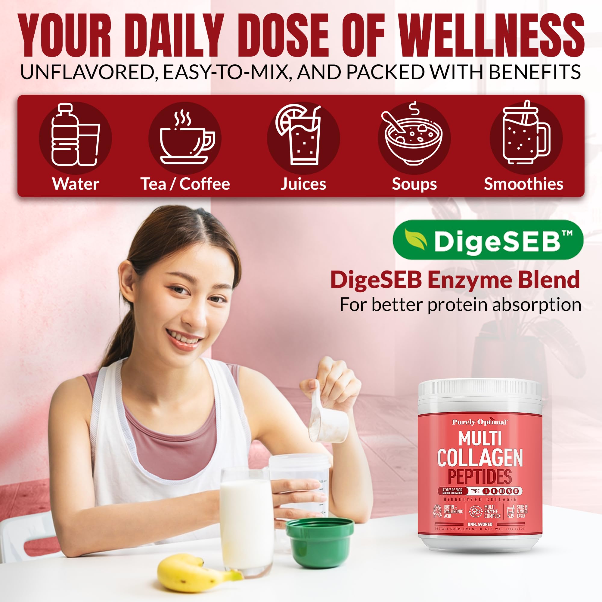 Smoothie glass featuring Purely Optimal collagen for glossy skin.