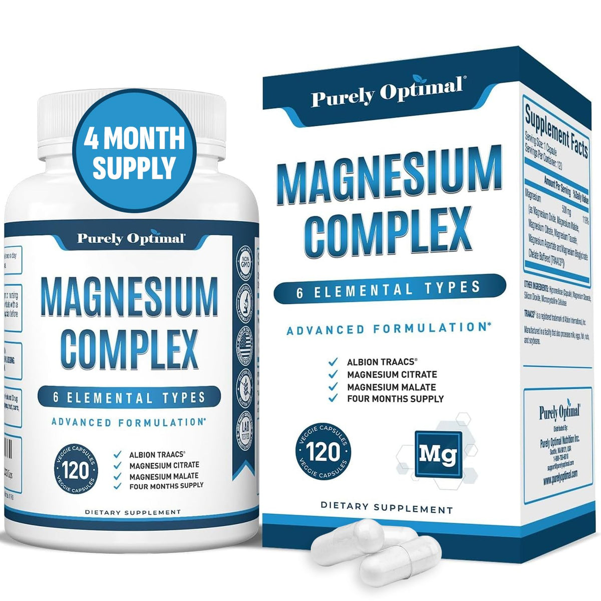 Purely Optimal Magnesium Complex bottle with capsules supports nighttime relaxation.