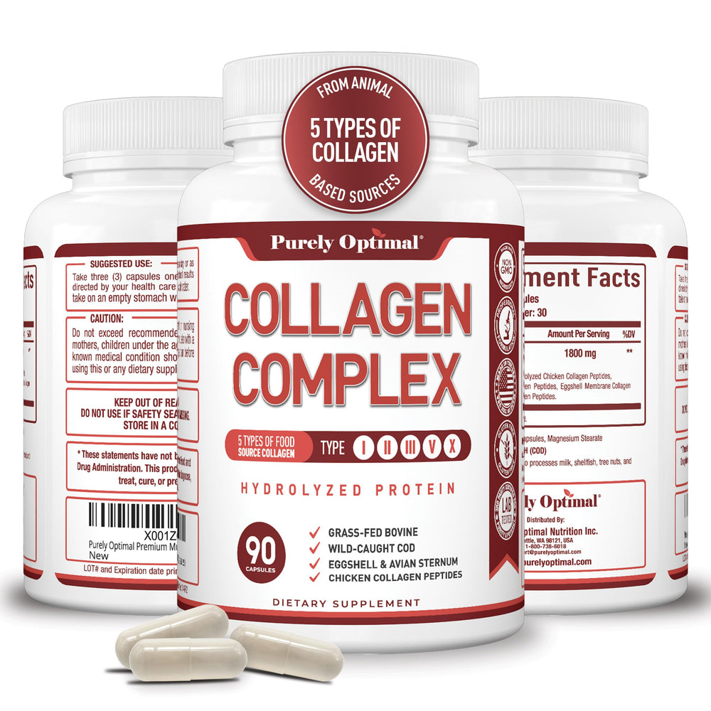 Purely Optimal multi-collagen bottle being poured for easy daily use.