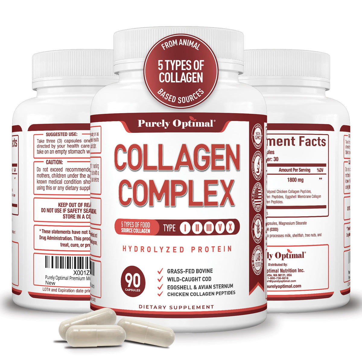 Purely Optimal multi-collagen bottle being poured for easy daily use.