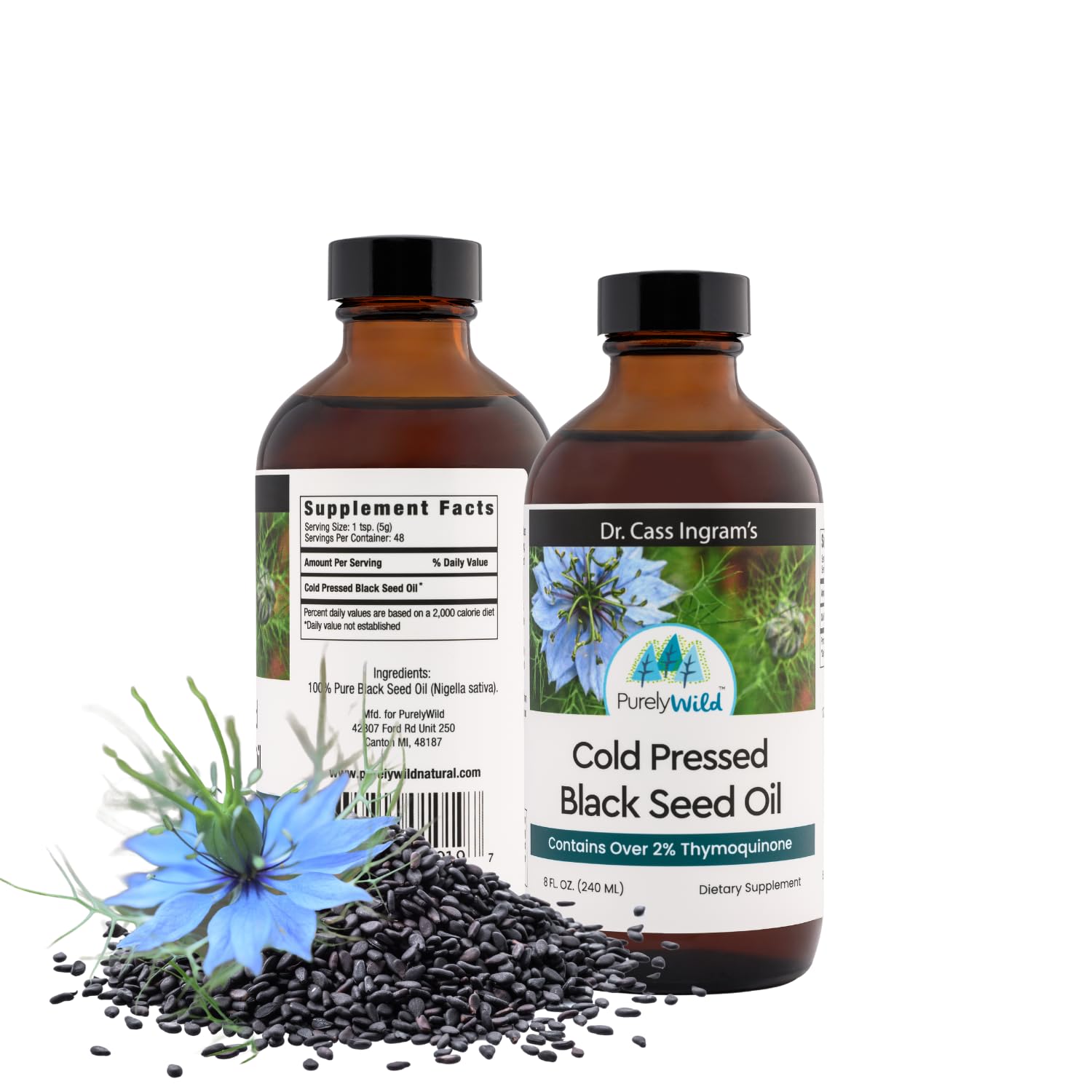 Purely Wild Black Seed Oil bottle shows pure cold-pressed quality for daily wellness.