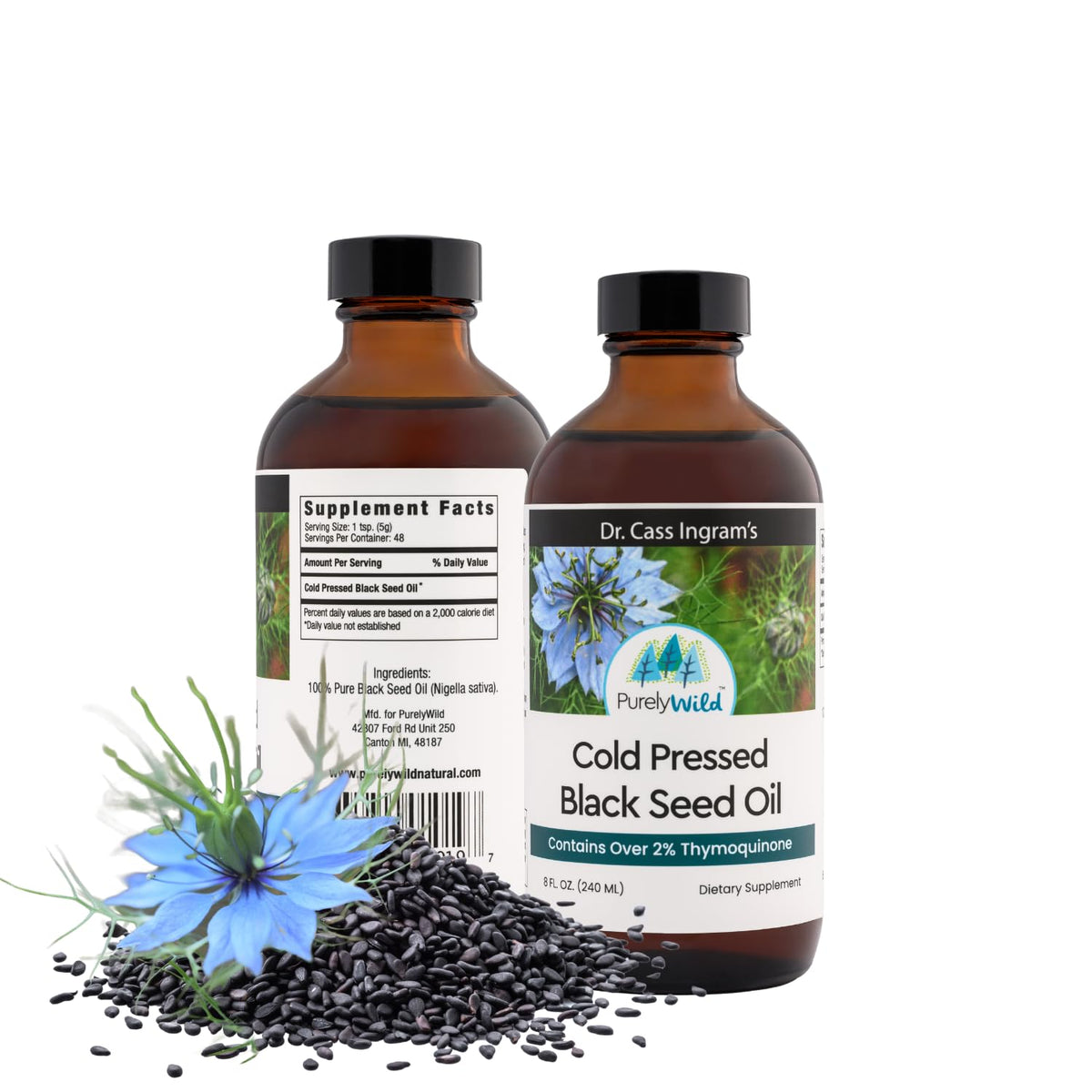 Purely Wild Black Seed Oil bottle shows pure cold-pressed quality for daily wellness.