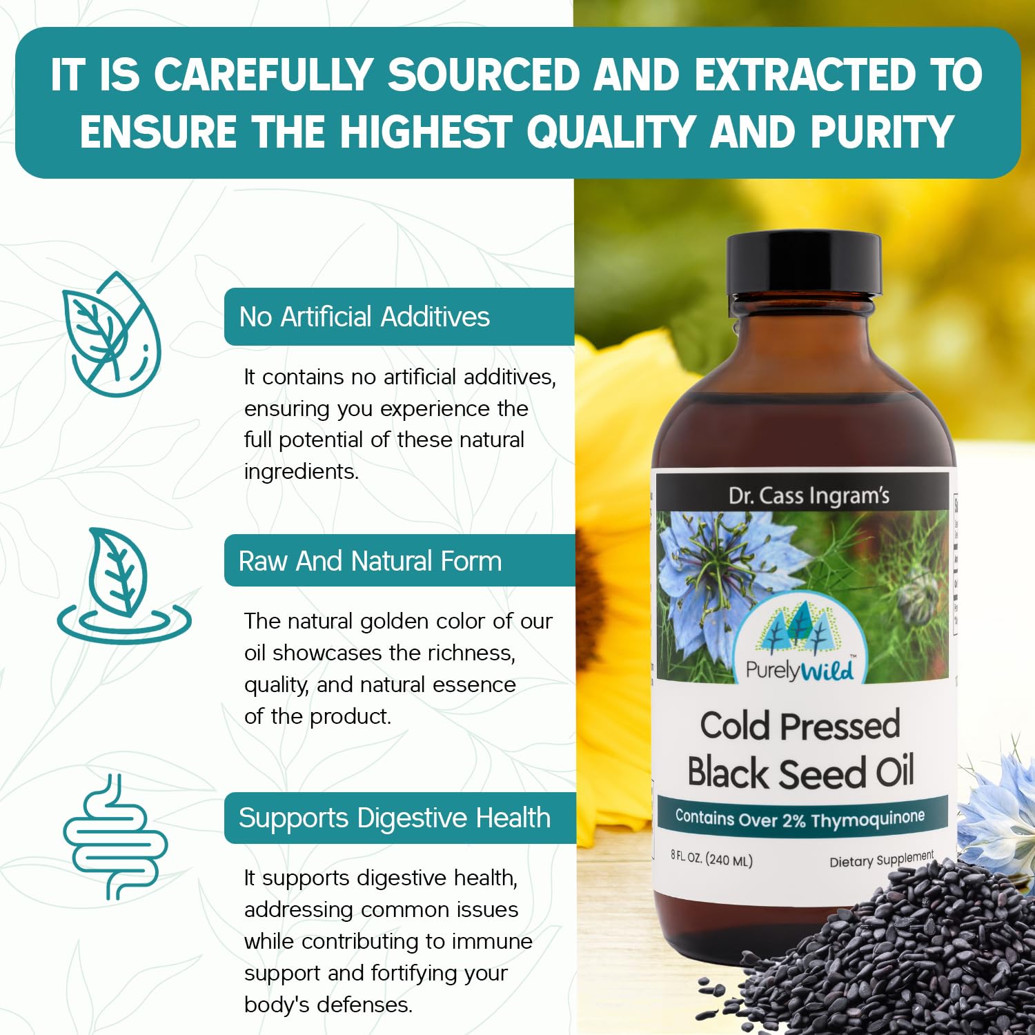 Purely Wild Black Seed Oil label highlights non-GMO and unrefined quality.