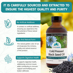 Purely Wild Black Seed Oil label highlights non-GMO and unrefined quality.