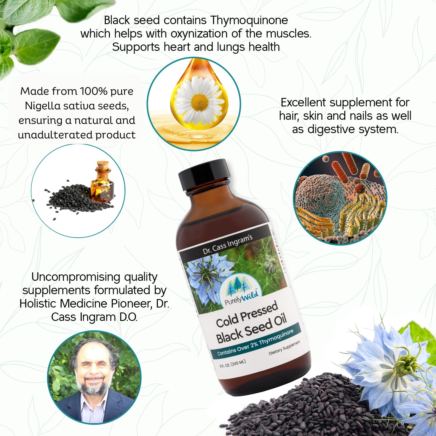 Purely Wild Black Seed Oil sustainability badge reflects ethical sourcing.