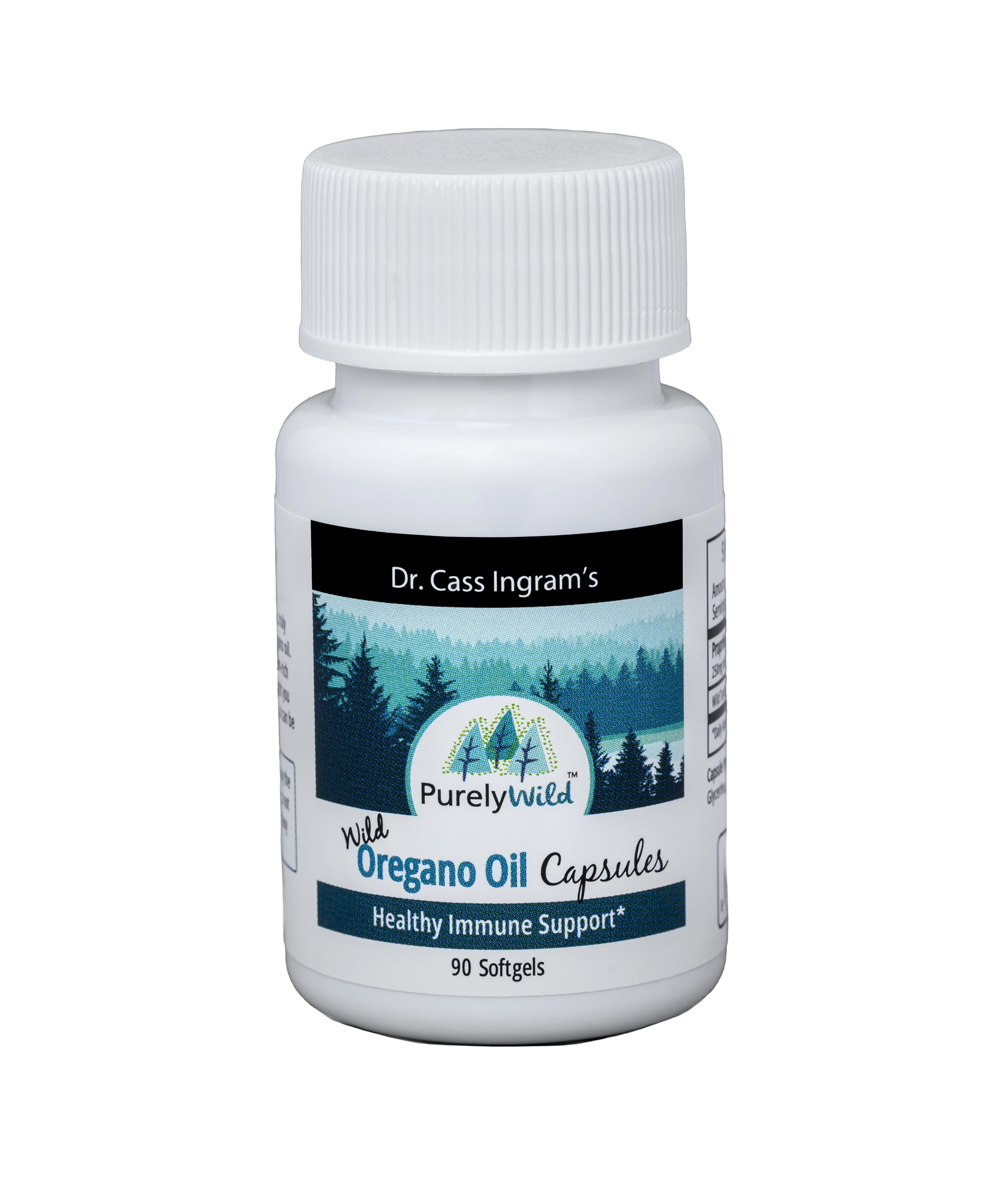 Purely Wild Dr. Cass Ingram oregano oil gelcaps bottle, wild-harvested oregano for daily immune support.