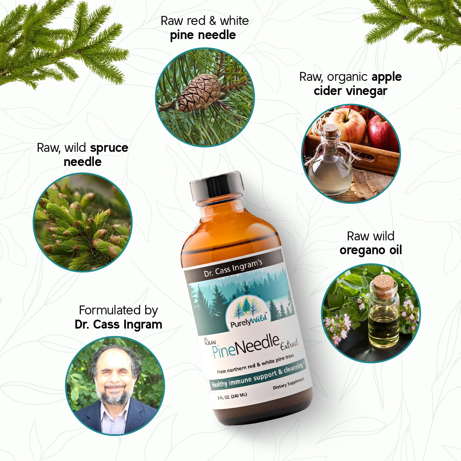 Purely Wild forest-harvest needles illustrated to show sustainable sourcing