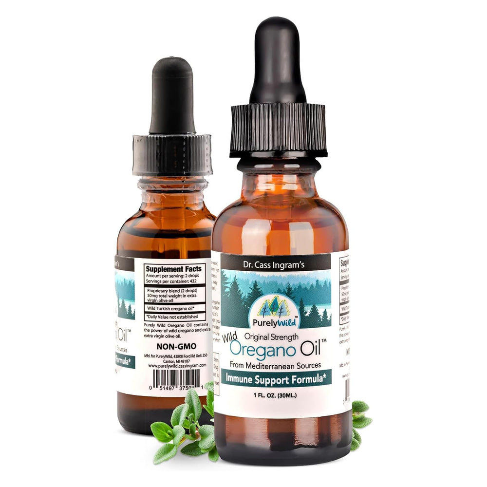Purely Wild oregano oil bottle front view for daily use.