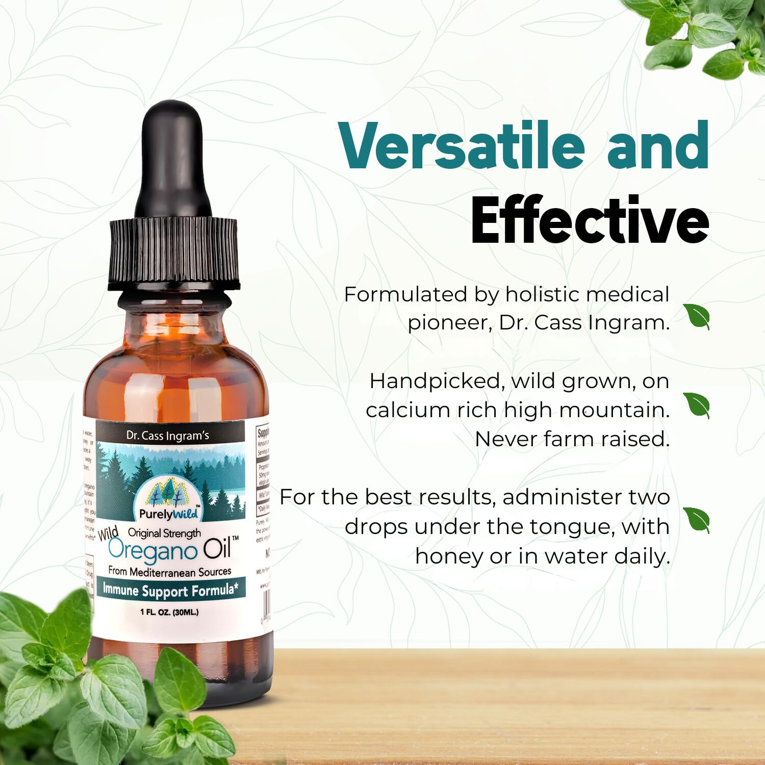 Purely Wild oregano oil label notes cold-pressed process preserving carvacrol.
