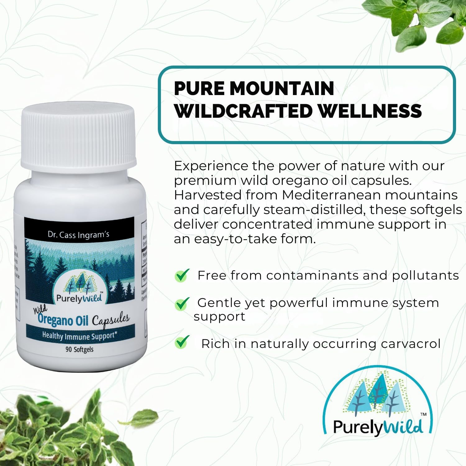 Purely Wild oregano oil gelcaps label closeup emphasizes non-GMO sourcing.