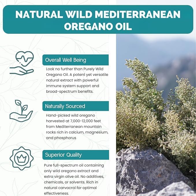 Purely Wild oregano oil with olive oil carrier showing simple ingredients.