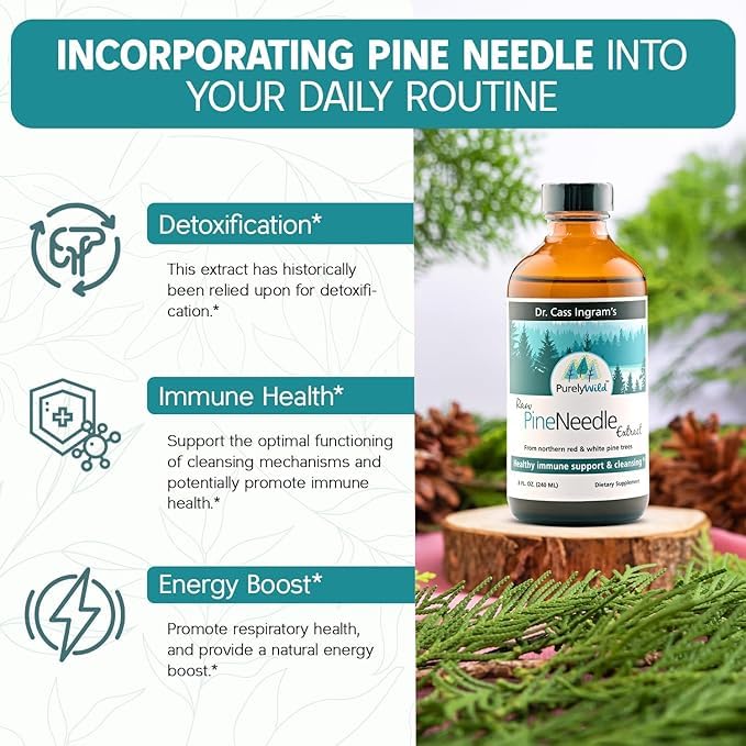 Close-up of Purely Wild pine needle extract label highlighting live potency