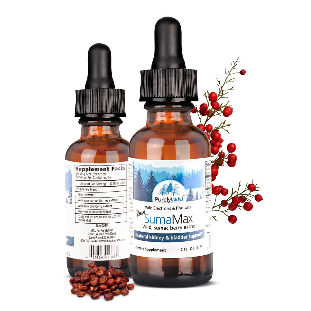 Purely Wild SumaMax bottle highlighting the wild berry formula for daily urinary support.