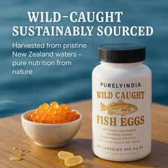 Purelyindia Wild-Caught Fish Eggs freeze-dried process graphic suggests long shelf stability and potency.