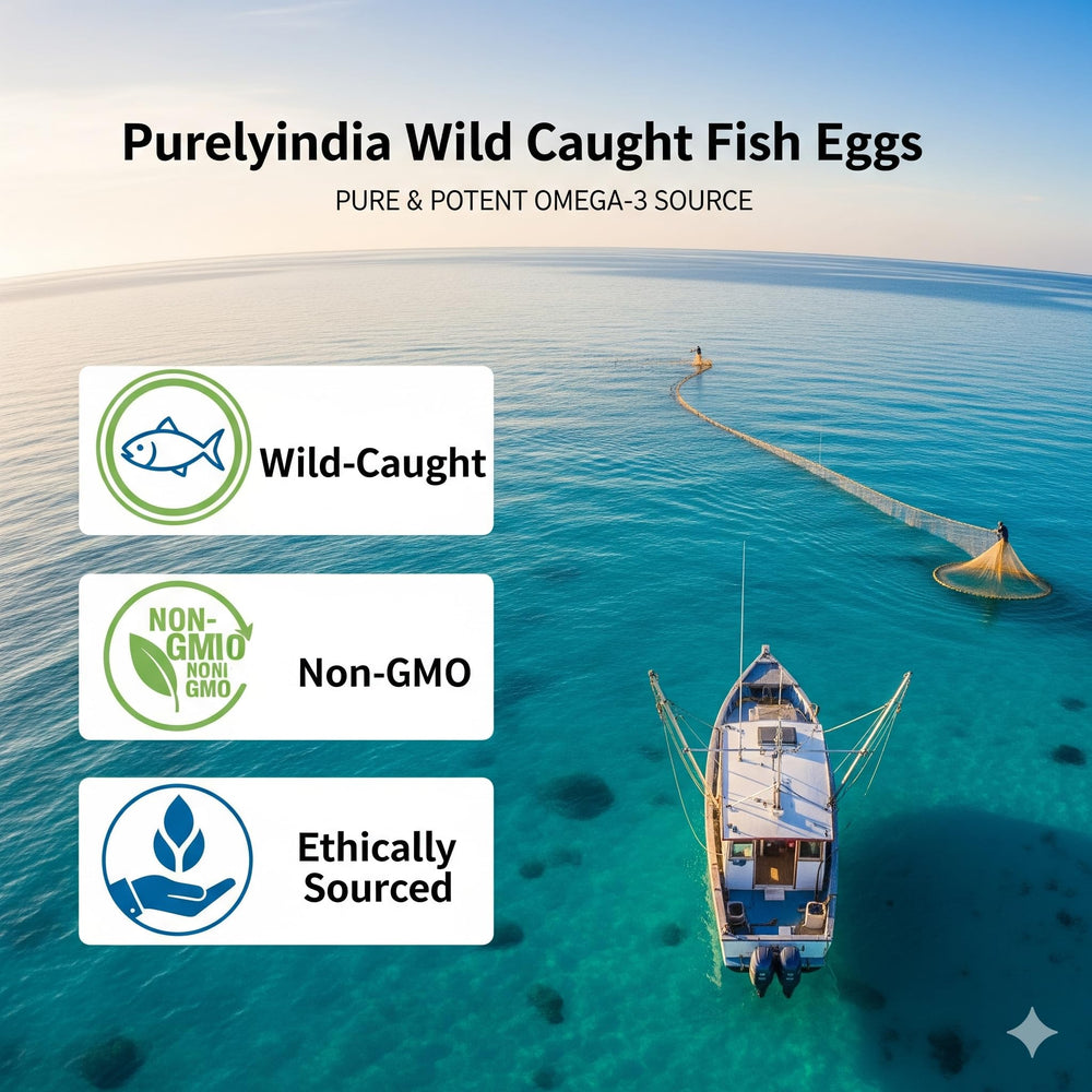 Purelyindia Wild-Caught Fish Eggs front packaging emphasizes product name and 2400mg omega-3 content.