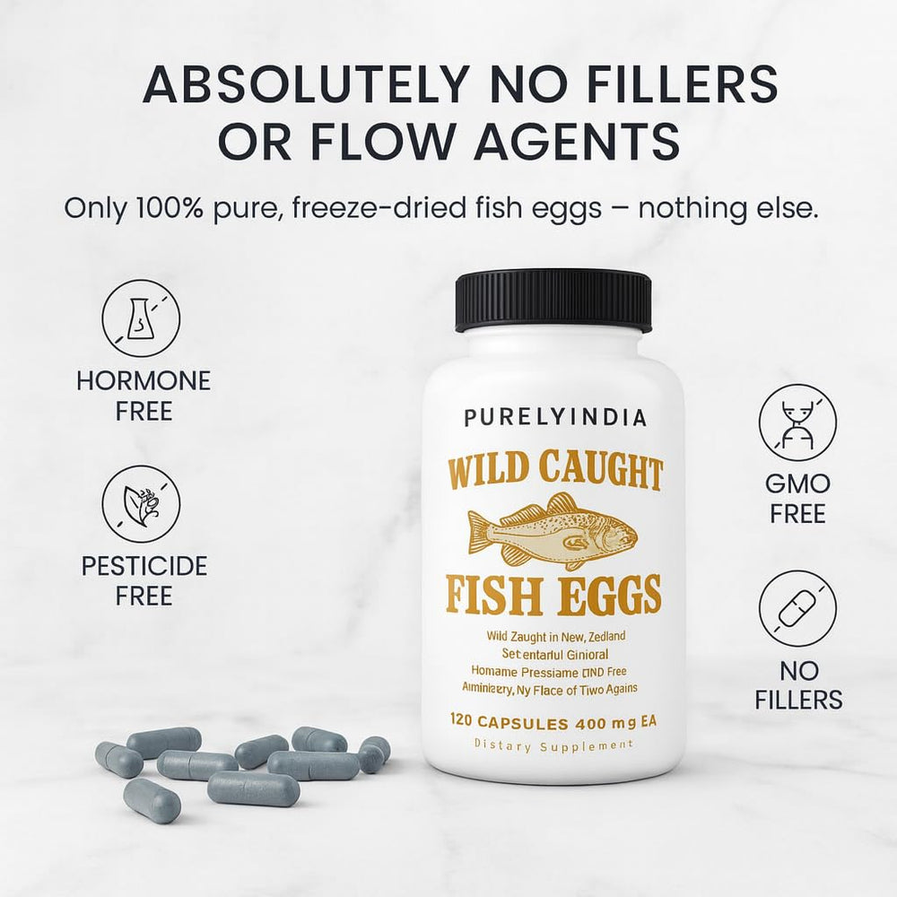 Purelyindia Wild-Caught Fish Eggs nutrition label highlights non-GMO status and freeze-dried processing.