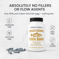 Purelyindia Wild-Caught Fish Eggs nutrition label highlights non-GMO status and freeze-dried processing.